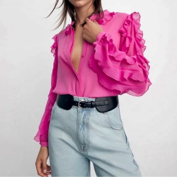 Zara Tops - ZARA Fuchsia Ruffle Sleeve Blouse Mandarin Collar Pearl Buttons, Size M
